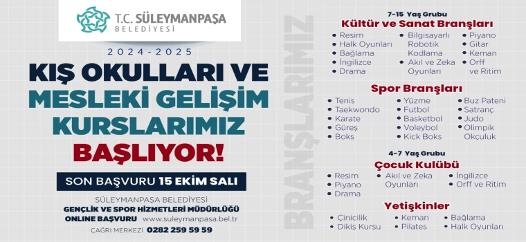 SÜLEYMANPAŞA BELEDİYESİ KIŞ OKULLARI VE MESLEKİ GELİŞİM KURSLARI BAŞLIYOR