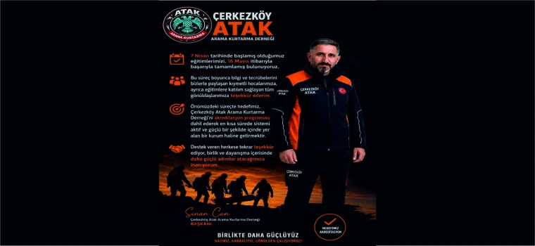 ÇERKEZKÖY ATAK ARAMA KURTARMA DERNEĞİ EĞİTİMLERİ TAMAMLANDI